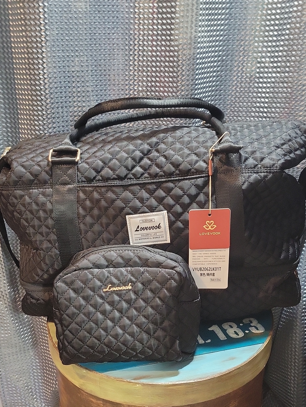 Lovevook Black Quilted Duffel Bag with Matching Pouch